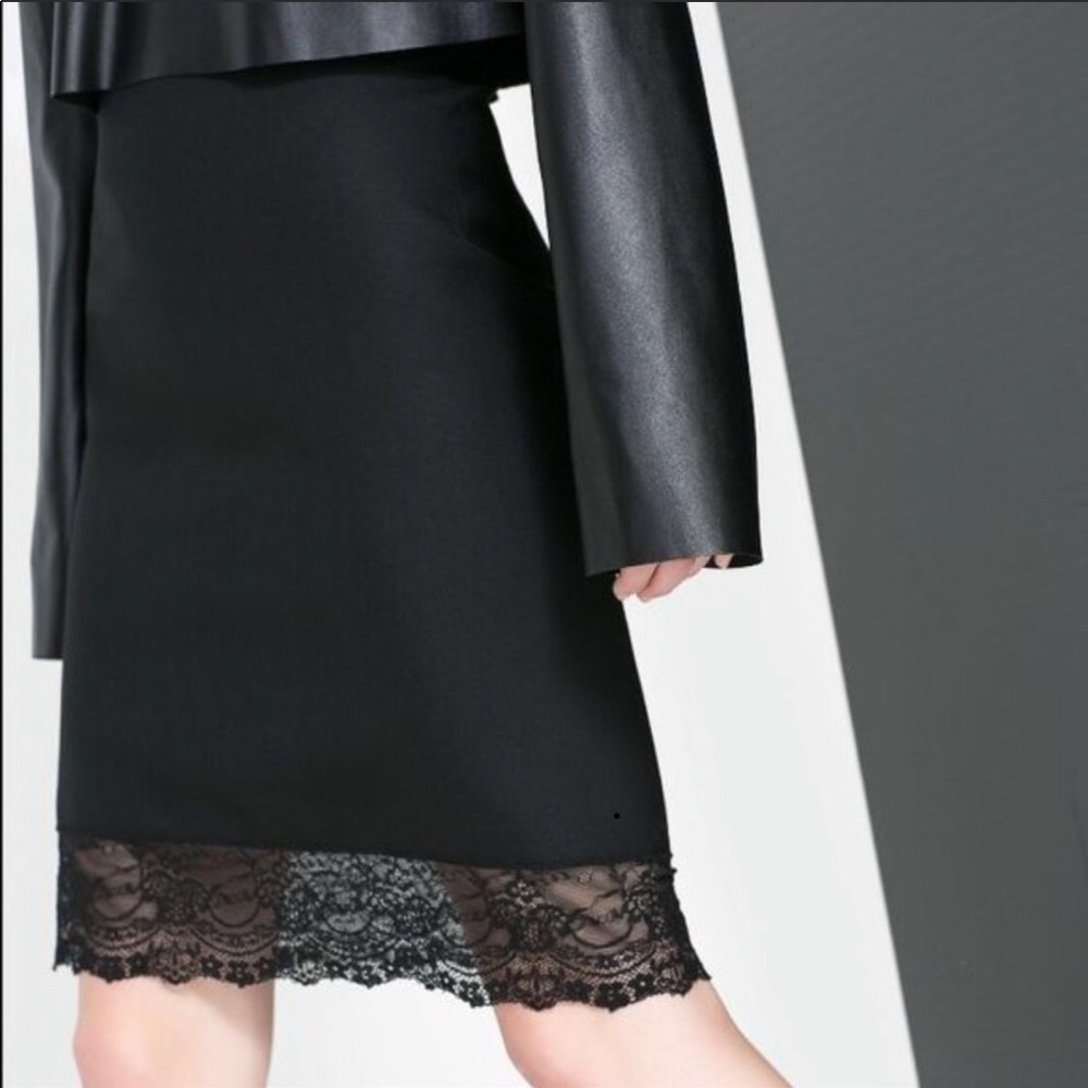Zara Studio 100% wool black skirt with lace trim
